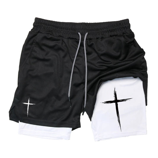 Men's Cross Print 2 in 1 Performance Shorts with Phone Pocket