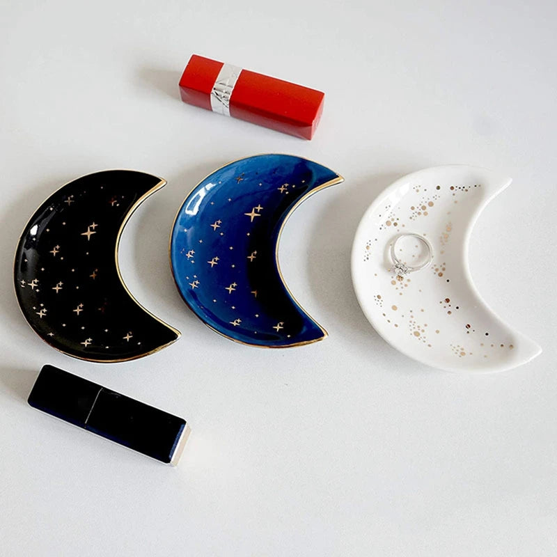 Nordic Ceramic Moon Shape Small Jewelry Dish Earrings Necklace Ring Storage Plates Fruit Dessert Display Bowl Decoration Trays