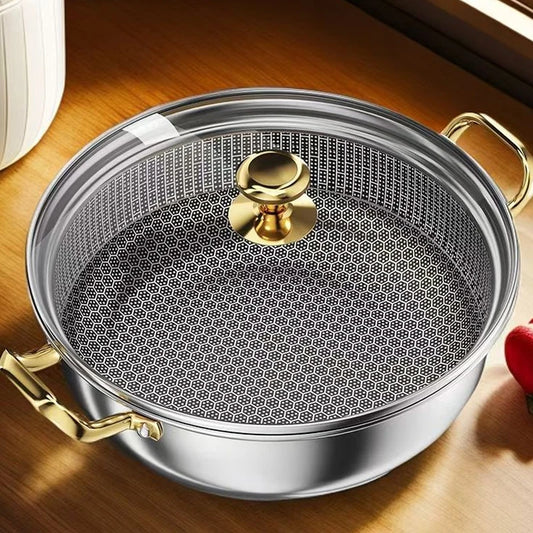 30cm Stainless Steel Frying Pan Non-stick Soup Pot wok with lid Home Honeycomb Induction Cooker Gas Stove Stew Kitchen Cookware