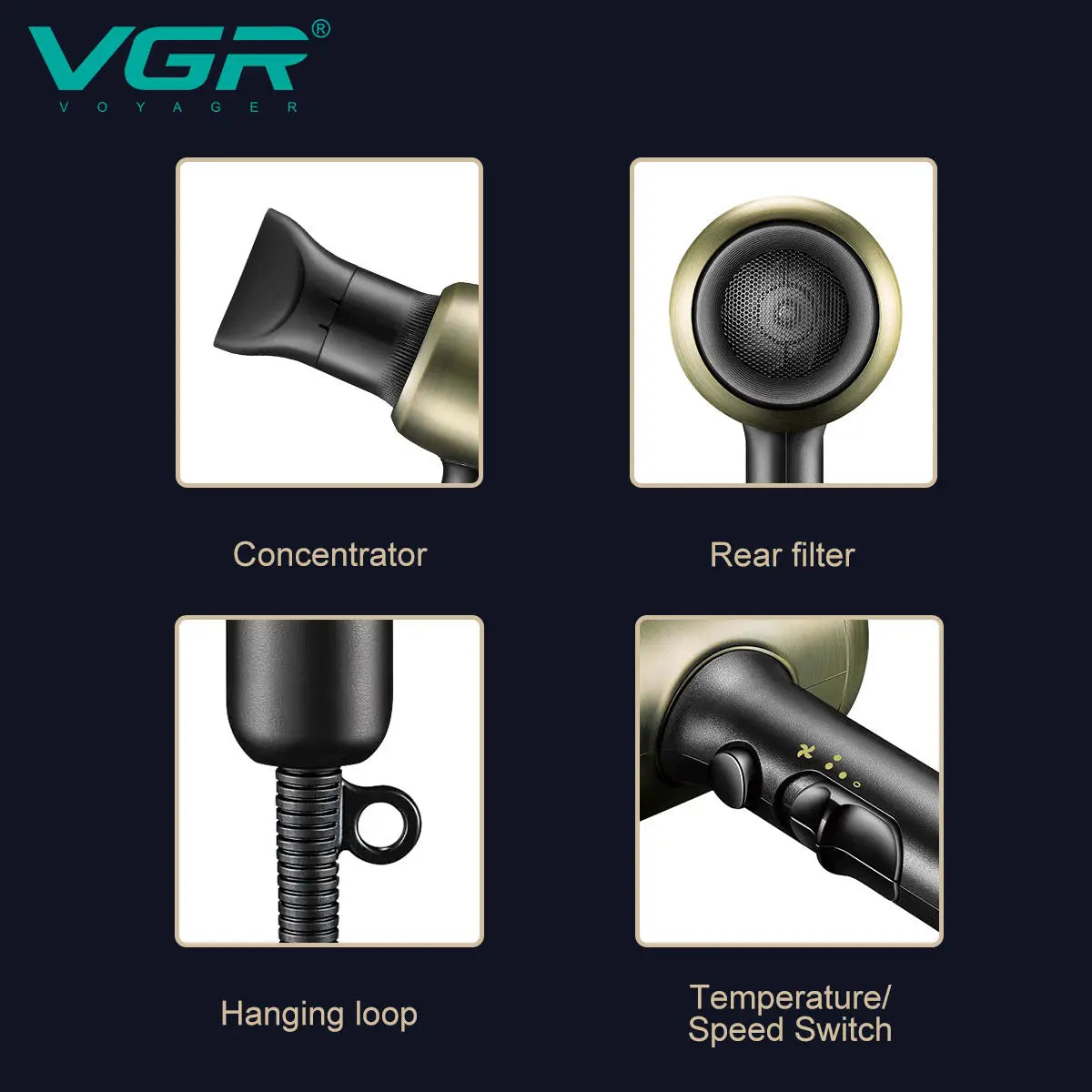 VGR professional hair dryer does not damage hair, strong wind speed dry 1800-2200W hair salon home styling air duct V-453