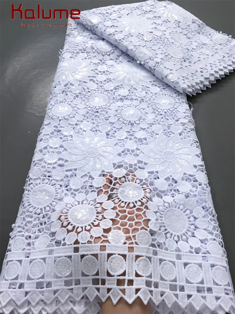 White African Guipure Cord Lace Fabric with Sequins 2025 High Quality Nigerian Guipure Cord Lace for Sewing Wedding Dress F4025
