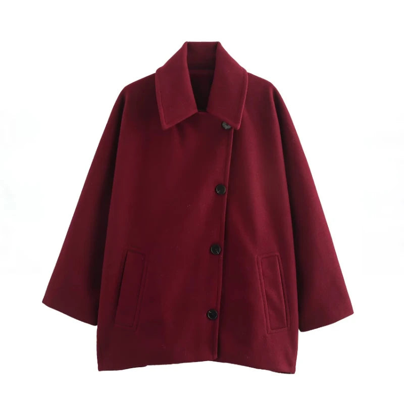 Women's Oblique Button Lapel Double Pocket Warm Jacket
