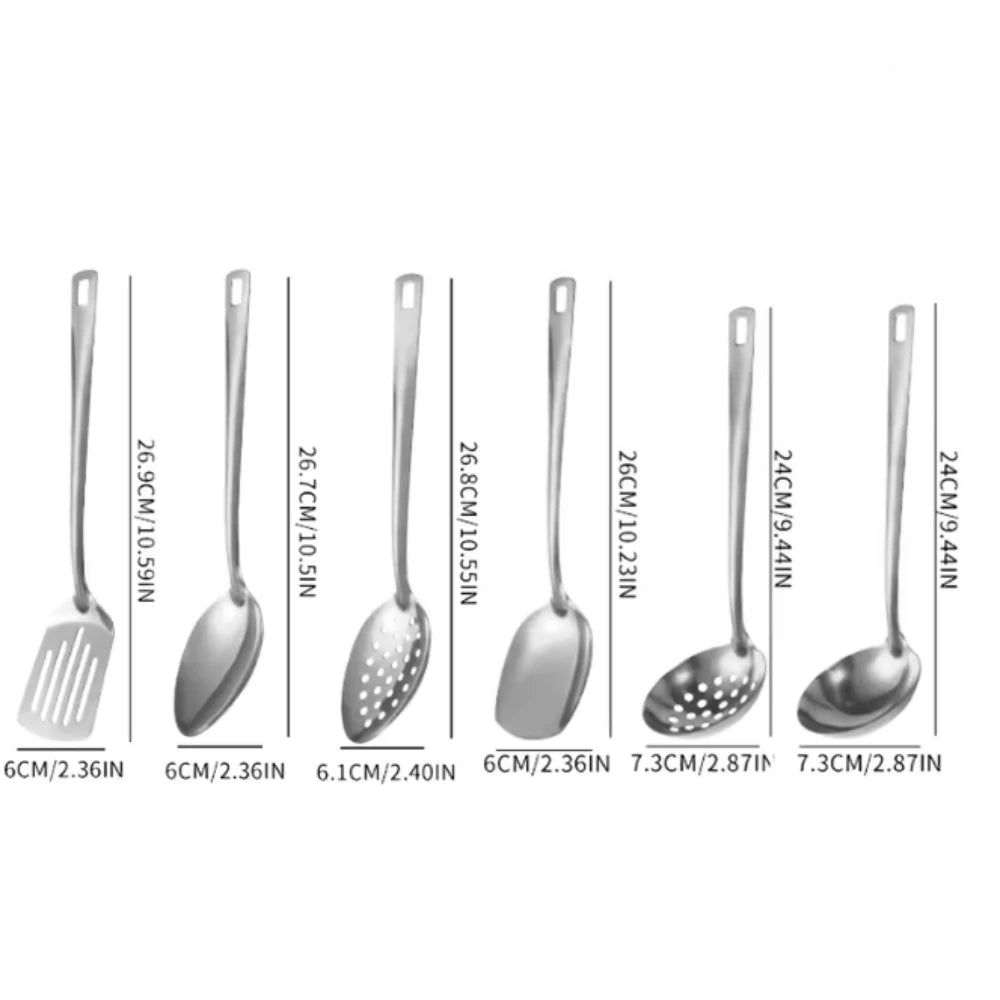 6pcs Stainless Steel Kitchenware Set Public Spoon Spatula Soup Spoon Colander Large Spoon Suitable for Restaurants and Families