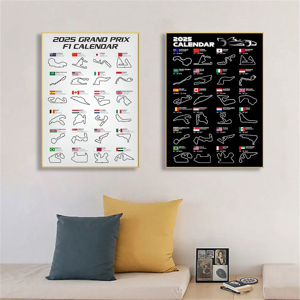 2025 F1 World Racing Track Posters Print Canvas Wall Art Sports Car Grand Prix Schedule Painting for Car Lovers Bedroom Decor