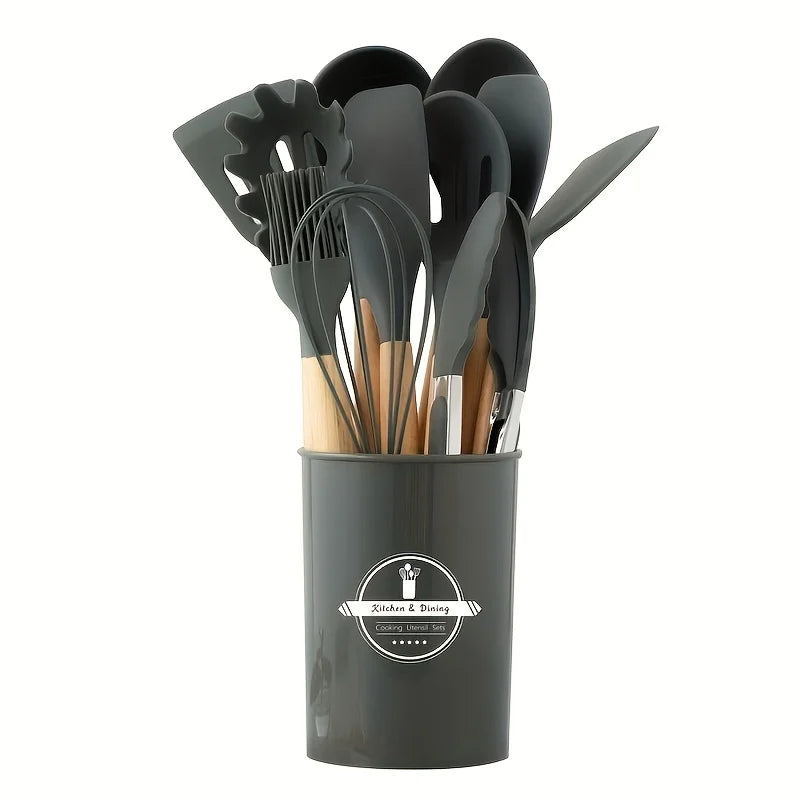 12Pcs Silicone Cooking Utensils Set For Handle Non Stick Pot Kitchenware Set Storage Bucket Resistant Accessoires kitchenware