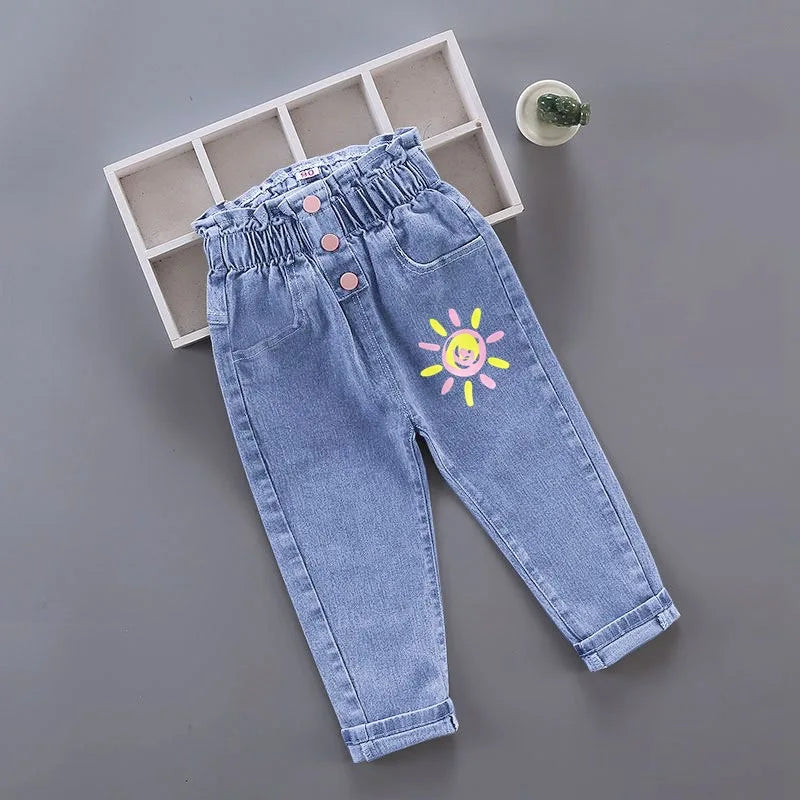 Floral Cartoon Graffiti Painting Print Denim Pants