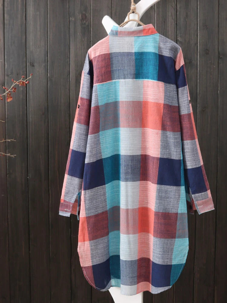 Women's Plaid Cotton Shirt Chic Women Elegant Blouse