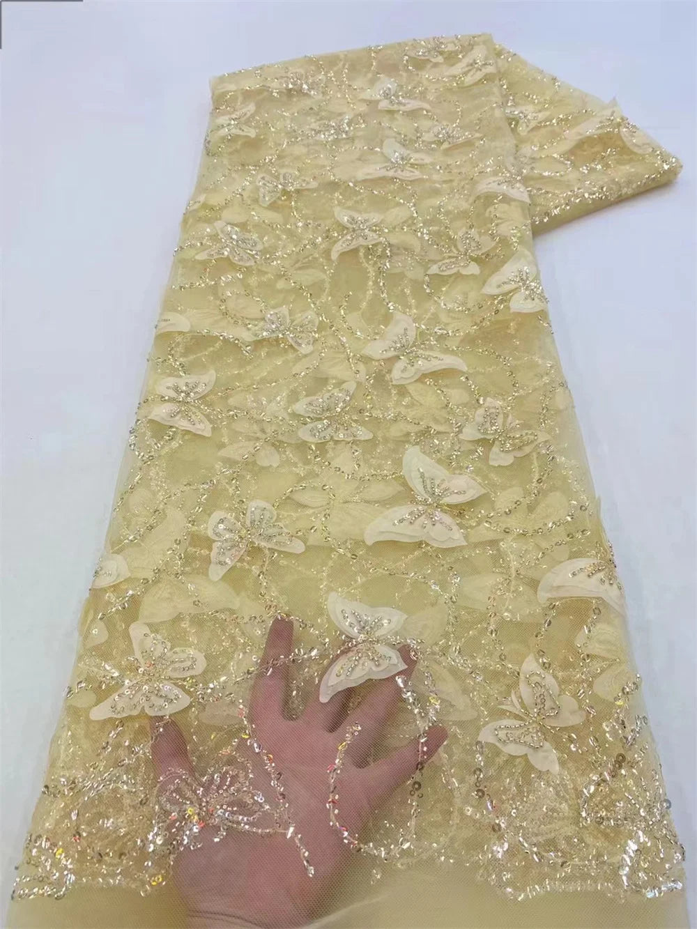 African Heavy Beaded Lace Fabric 2025 High Quality 5 Yards Nigerian Sequins Tulle 3D Fabric Material For Wedding