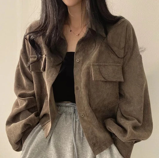 Women's Korean Style Chic Lapel Corduroy Trendy Jacket