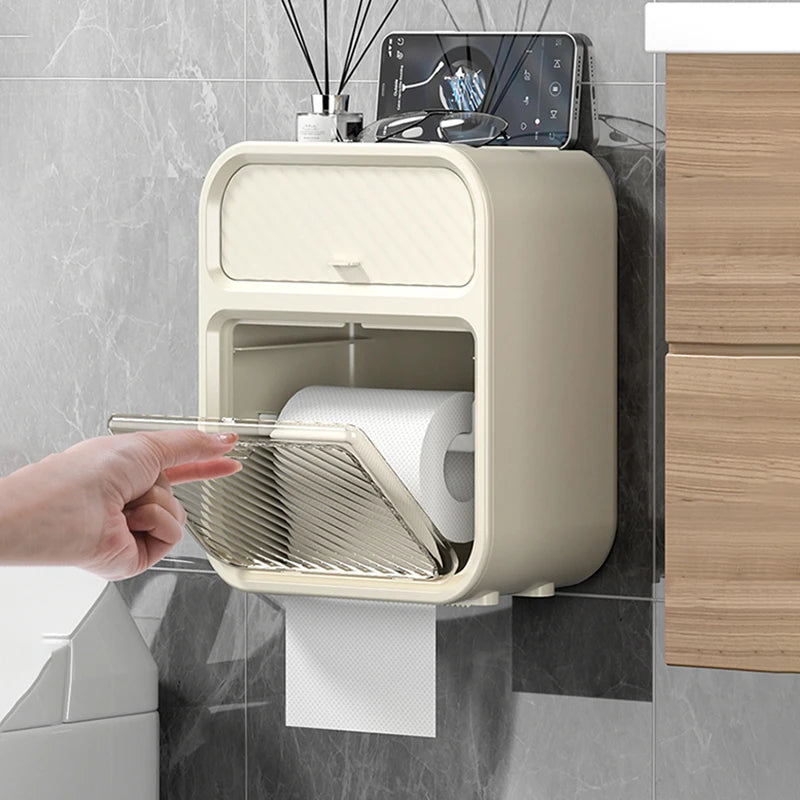 Wall Mounted Toilet Paper Holder Adhesive Mount No Drill Bathroom Tissue Dispenser Kitchen Paper Towel Organizer Storage Box