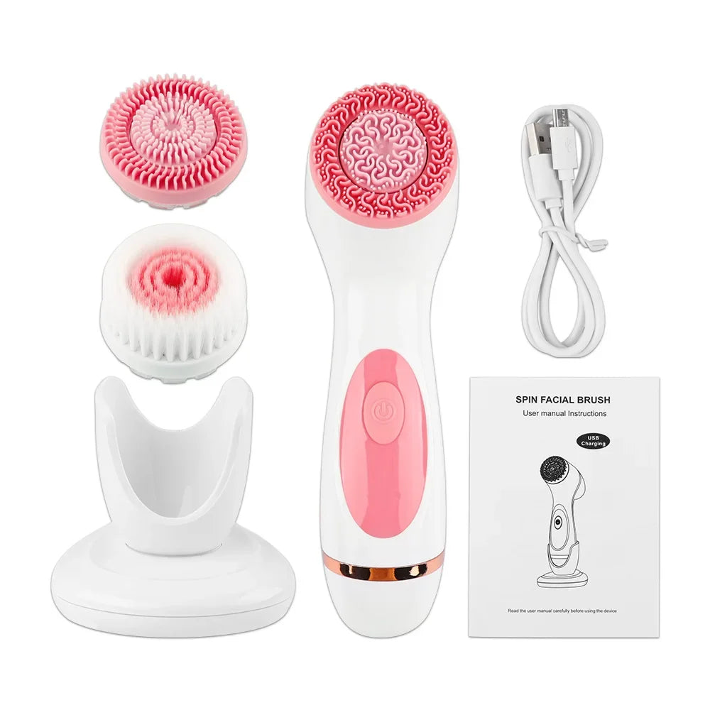 3 in 1 Electric Facial Cleansing Brush Silicone Rotating Face cleanser Brush Deep Cleaning brush Waterproof Facial Massager