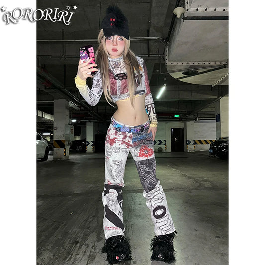 Graffiti Print Baggy Denim Pattern Straight Pant
