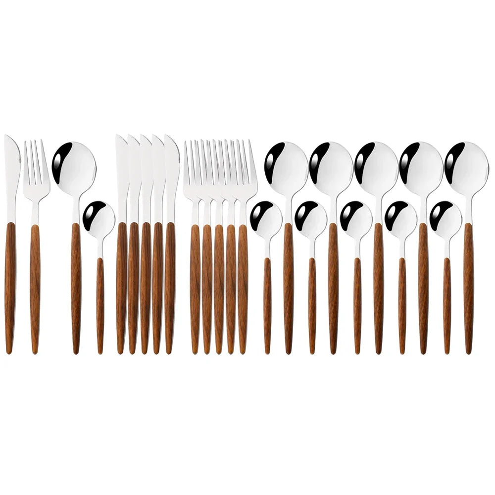 24/30Pcs Imitation Wooden Handle Dinnerware Cutlery Set Stainless Steel Tableware Western Knife Fork Spoons Silverware Flatware