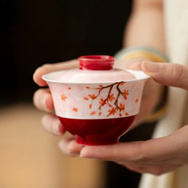 Red plum blossom hand-painted cover bowl Household brewing tea bowl Kung Fu tea set Guochao ceramic thin tire cover bowl