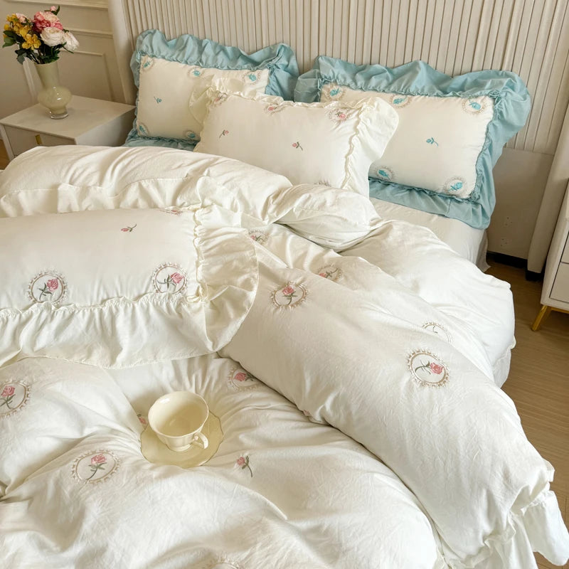 Elegant Embroidery Lace Ruffles Bedding Set