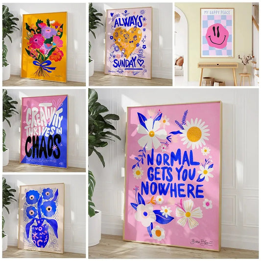 Maximalist Art Poster,Pink Floral Wall Art Picture,Bright Colors Boho Art Print Canvas For Modern Living Room bedroom Home Decor
