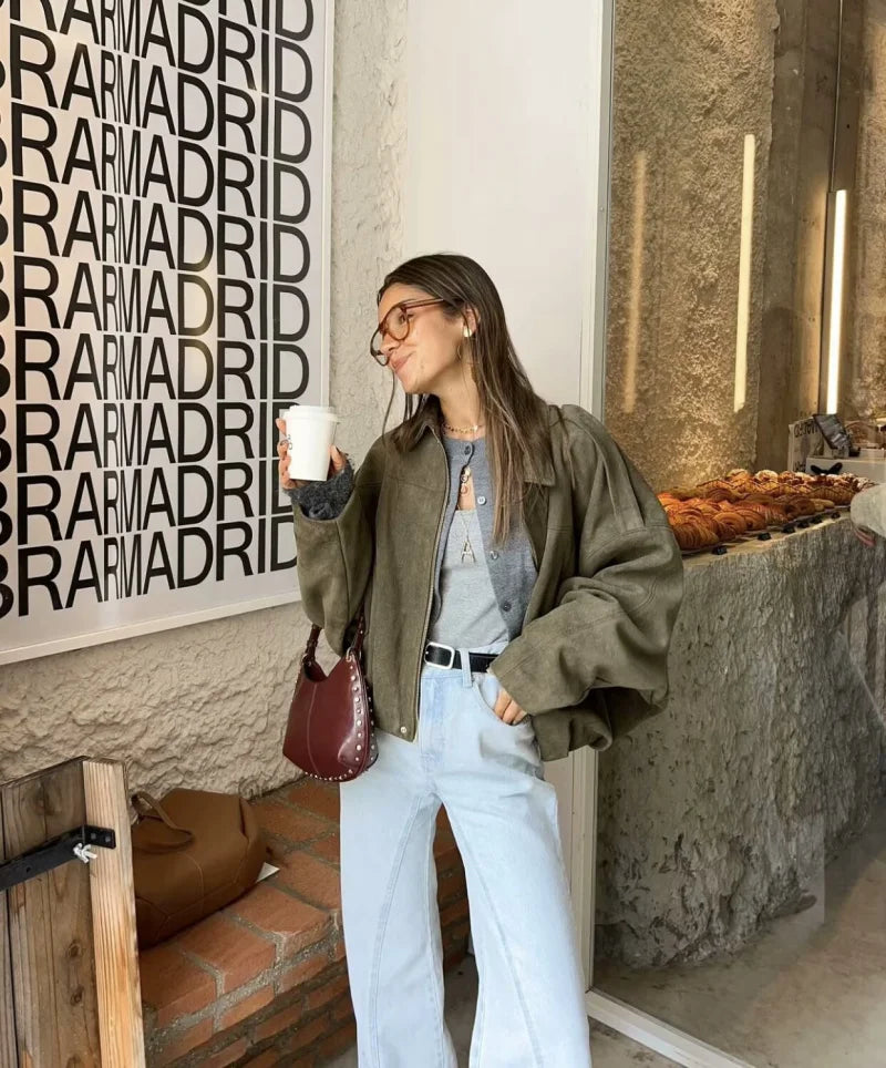 women's suede texture lapel shoulder bomber jacket