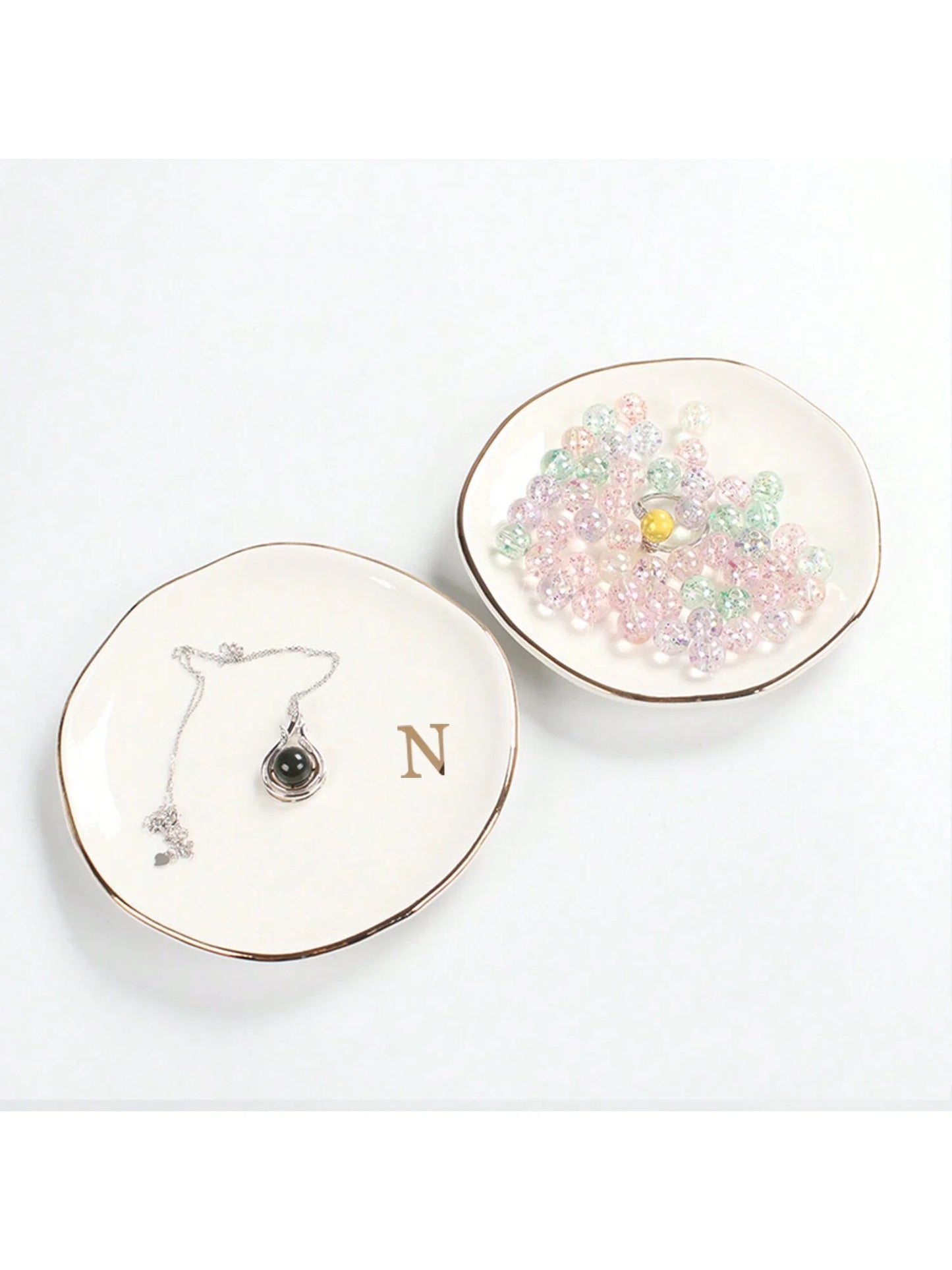 Initials Ring Dish Jewery Tray with Personalized A-Z Monogrammed Gifts Wedding Engagement for Women Friends sister,Ceramic White