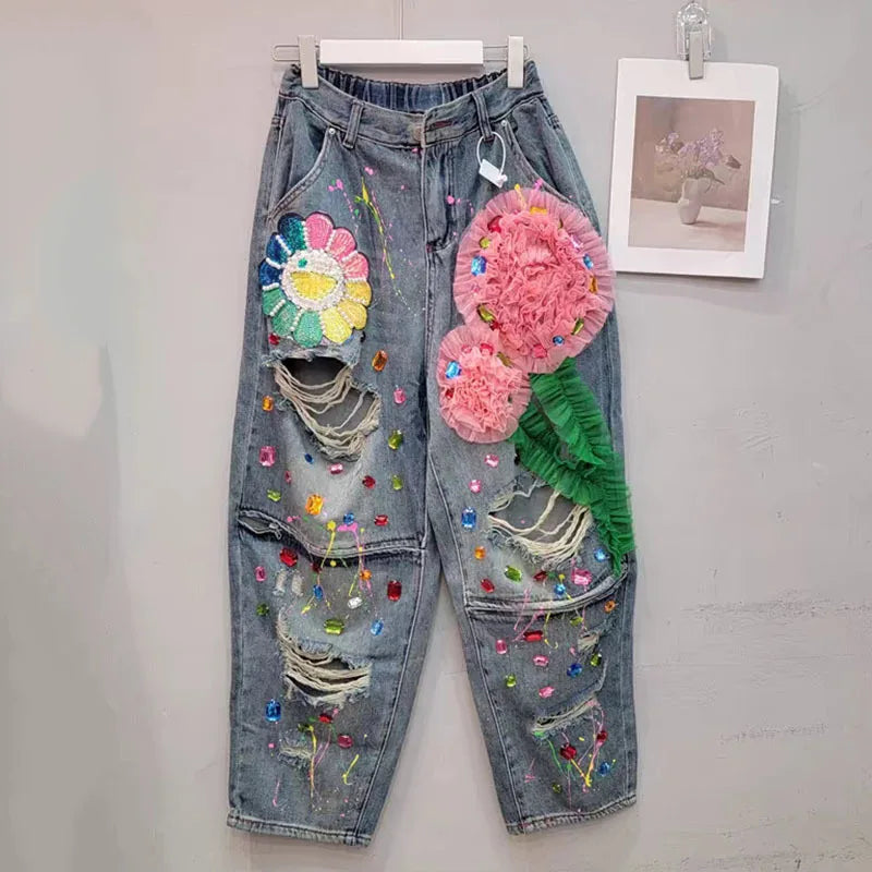 Female Nail Bead Women 3D Flower Denim Pants