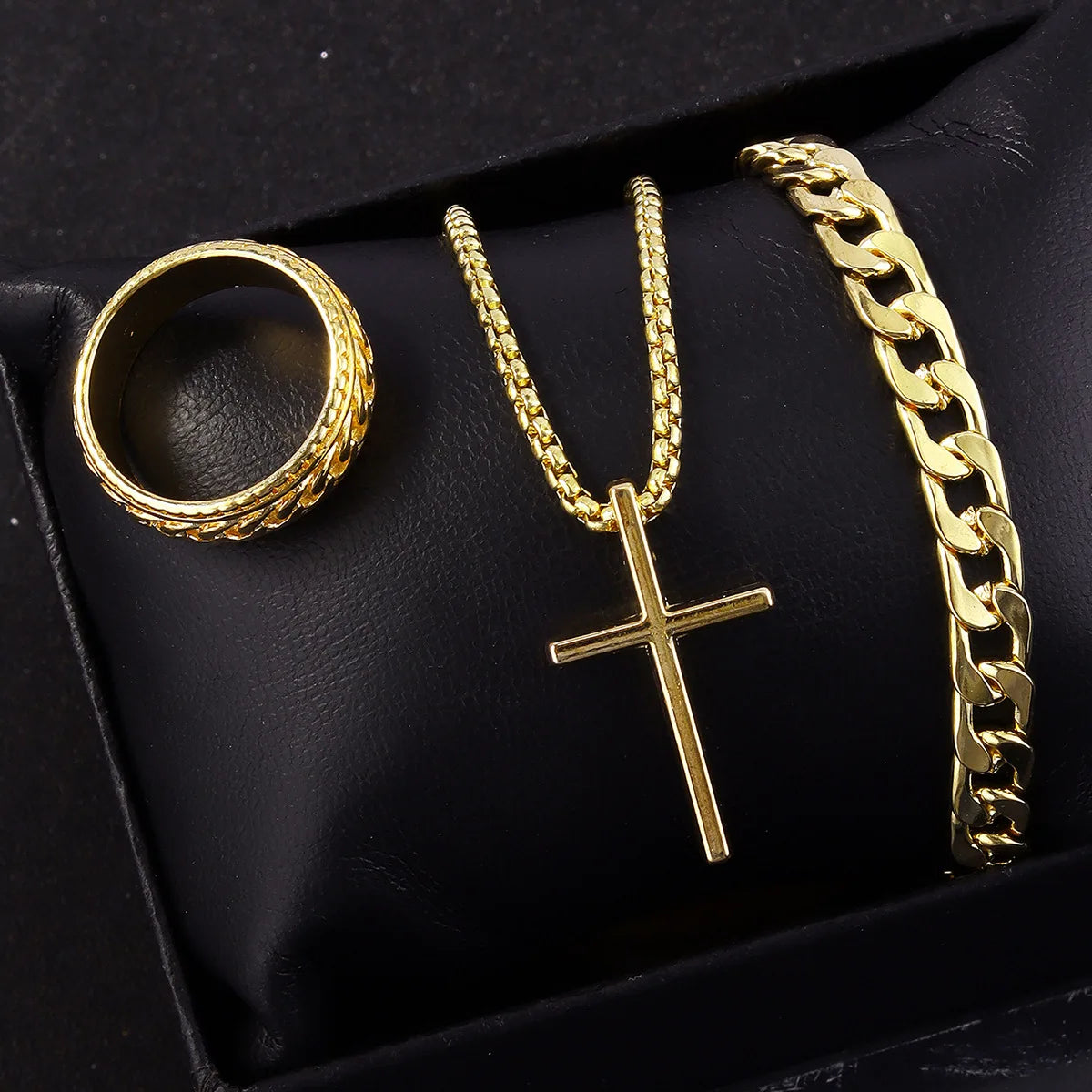 Dark Cross Block Necklace Pendant Bracelet Ring Set