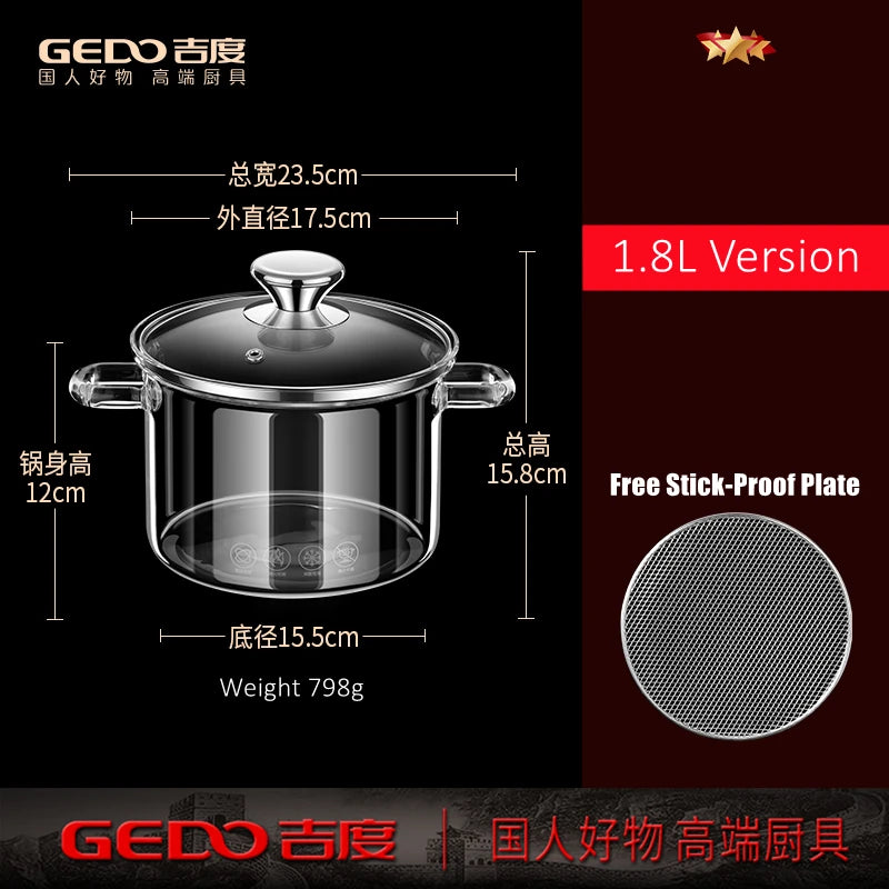 GEDO Transparent Glass Stewing Pot 1300ml and 1800ml Capacity Stockpot with Side Handle and Cover Luxury Kitchen Cookware