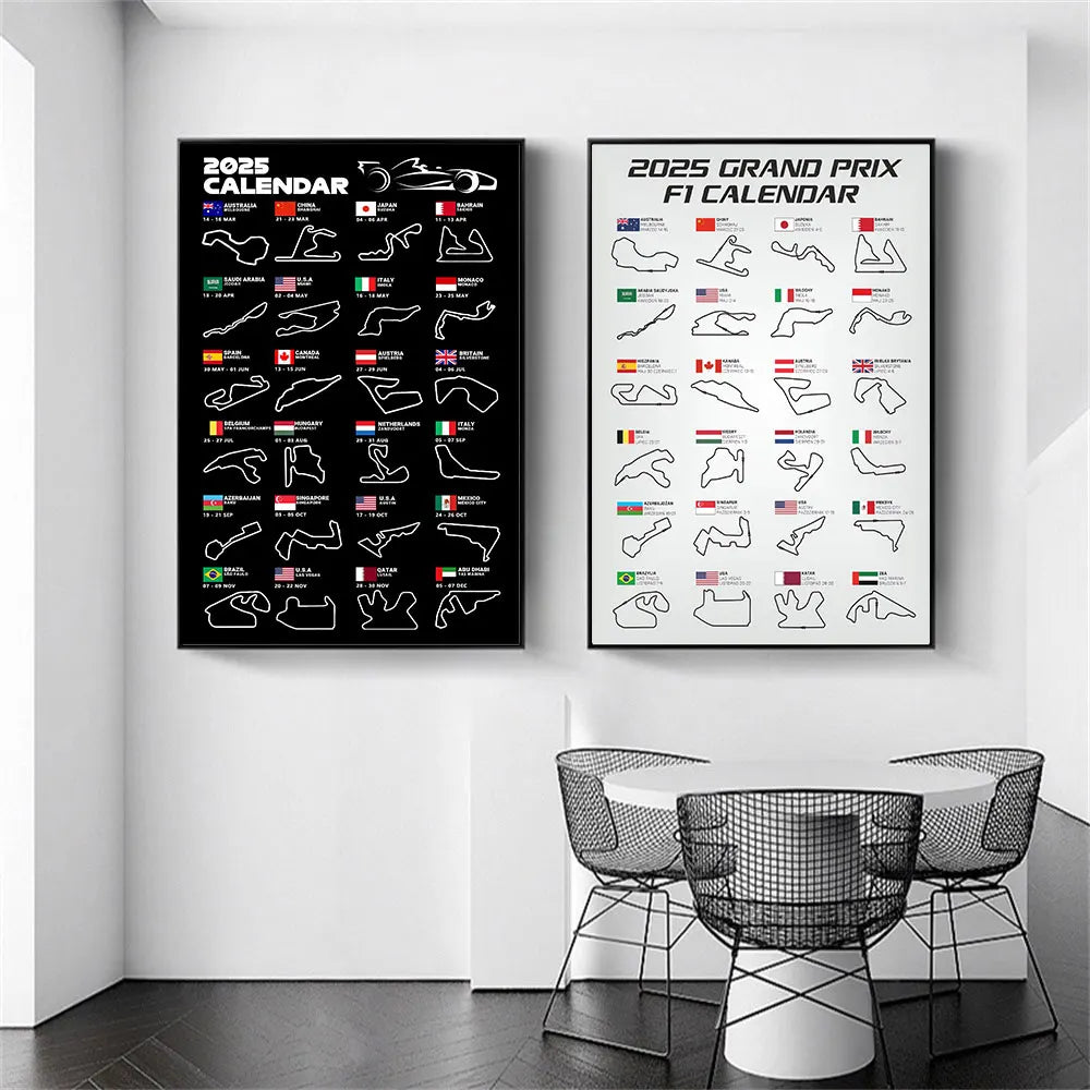 2025 F1 World Racing Track Posters Print Canvas Wall Art Sports Car Grand Prix Schedule Painting for Car Lovers Bedroom Decor