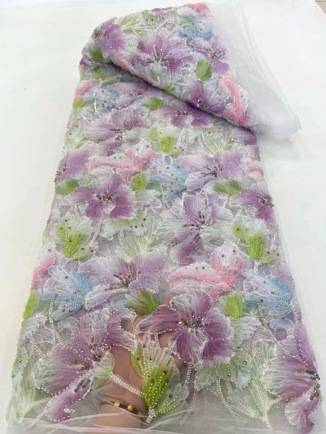 Latest 3D Flower Embroidery Beads Sequins African Lace Fabric 5 yards High Quality Nigerian Women Wedding French Material 2025