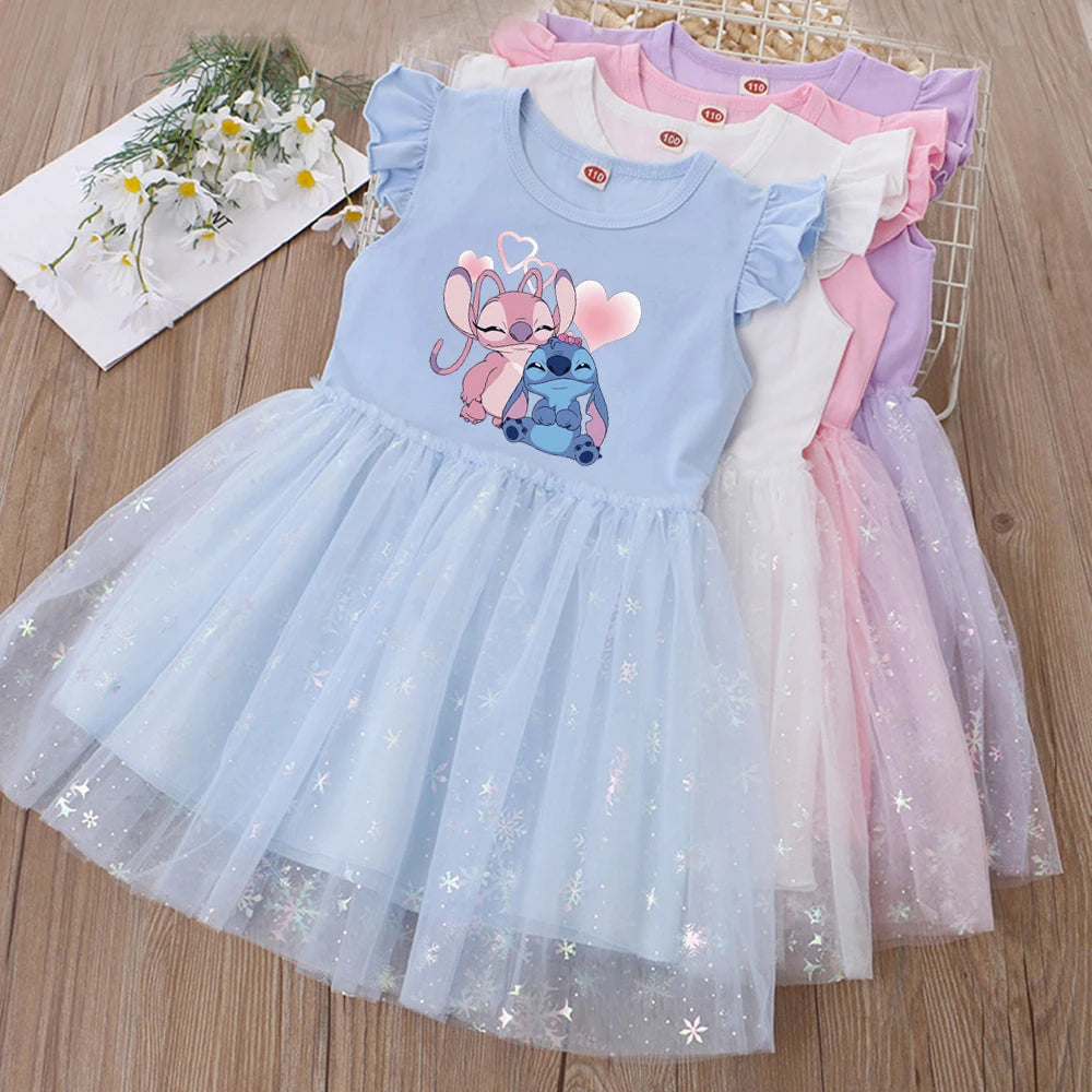 Kid Flying Sleeves Lilo Stitch Sequin Dress