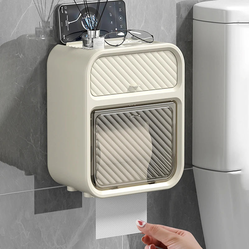 Wall Mounted Toilet Paper Holder Adhesive Mount No Drill Bathroom Tissue Dispenser Kitchen Paper Towel Organizer Storage Box