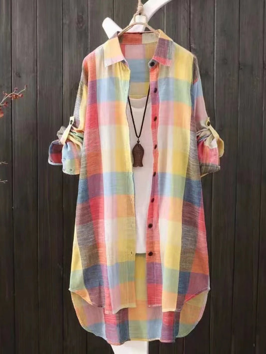 Women's Plaid Cotton Shirt Chic Women Elegant Blouse