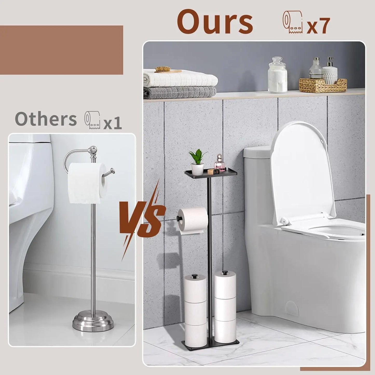 Toilet Tissue Roll Paper Holder Free Standing For Bathroom With storage Tray