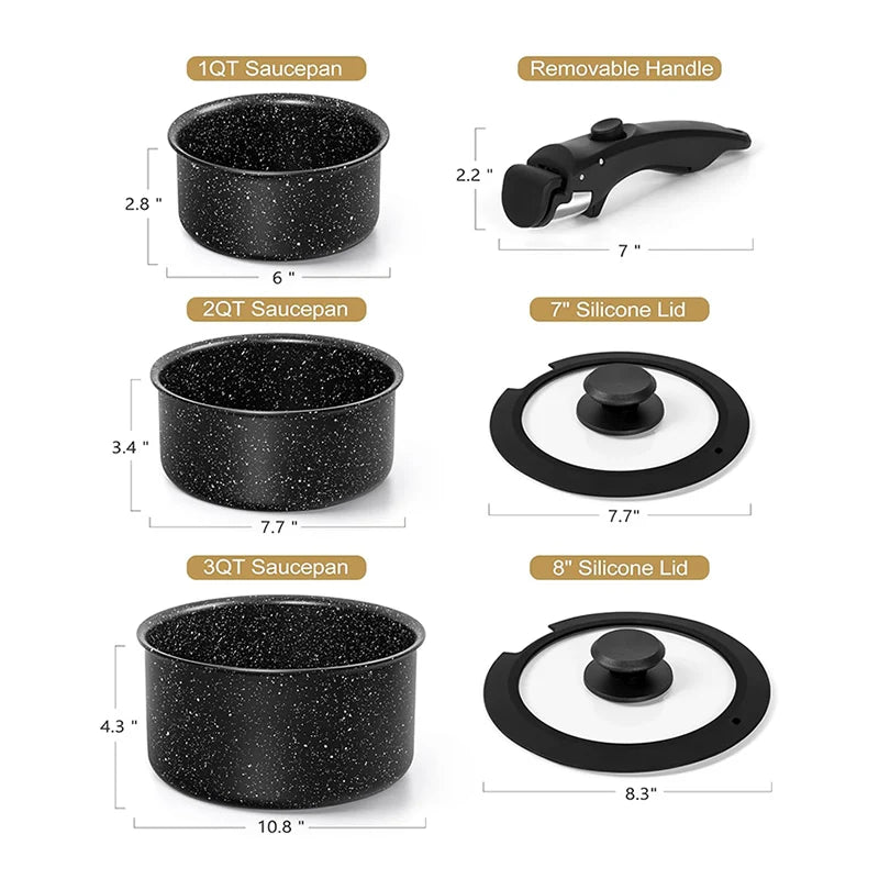 MICHELANGELO 6pcs/set Sauce Pan Set with Removable Handles 1Qt & 2 Qt & 3Qt Non Toxic Milk Pot Camping Stackable Cookware Set