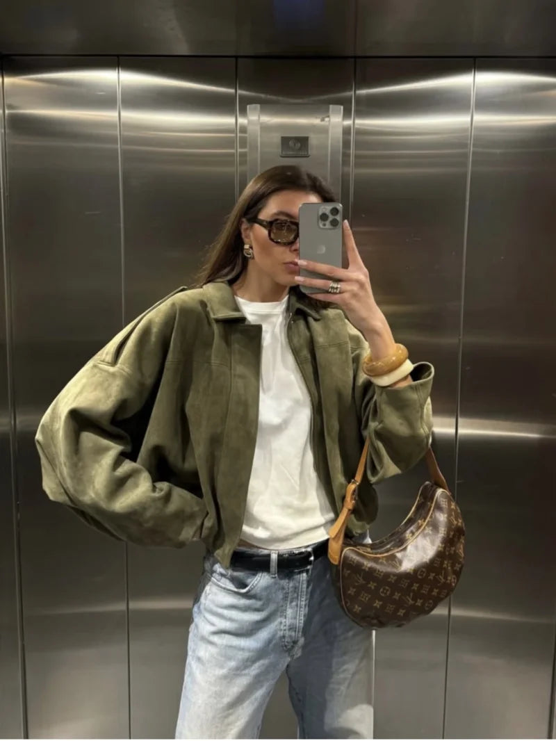 women's suede texture lapel shoulder bomber jacket