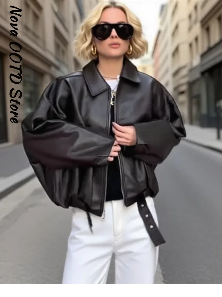 Short Leather Jacket Zipper, Lapel Belt Coat for women