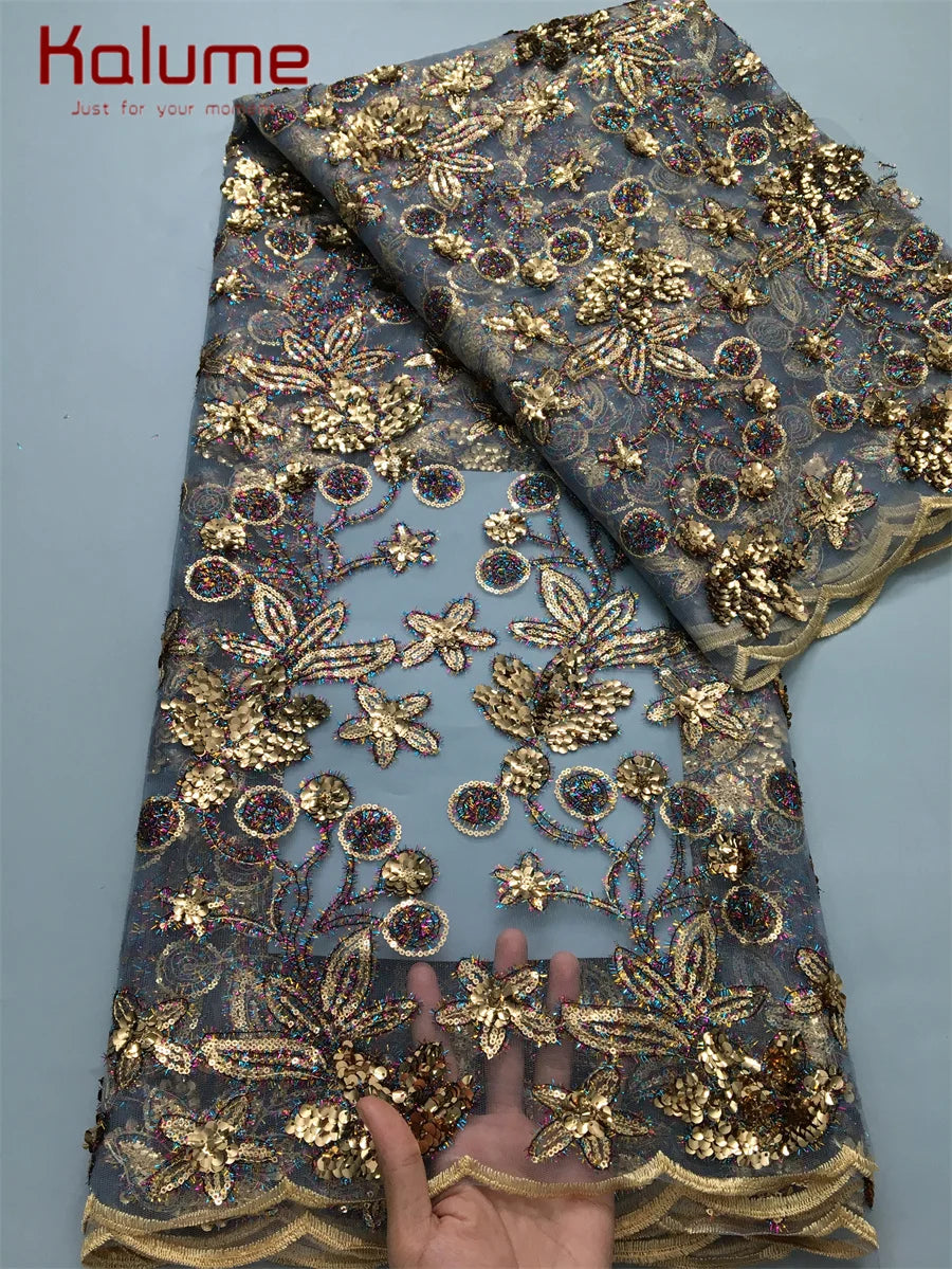 Kalume 2025 African Lace Fabric Sequins Nigerian Mesh Lace Fabric Sequins 5 Yards High Quality For Party Wedding Dress F3811