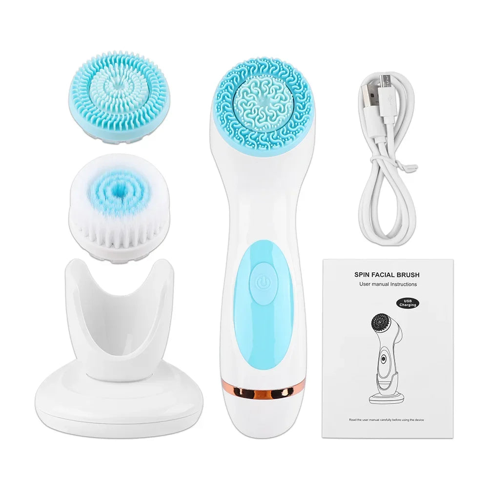 3 in 1 Electric Facial Cleansing Brush Silicone Rotating Face cleanser Brush Deep Cleaning brush Waterproof Facial Massager