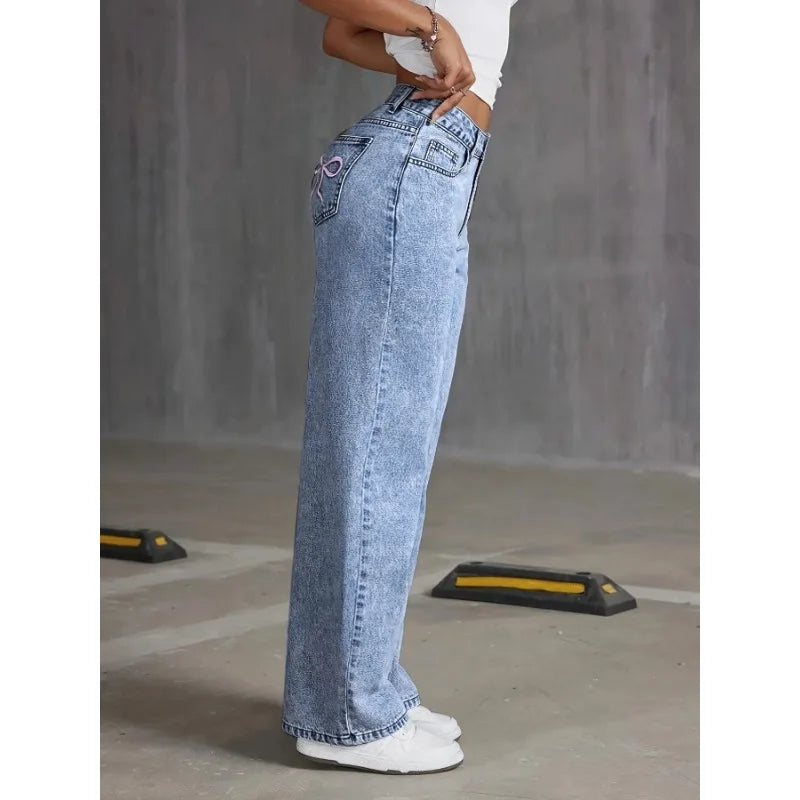 Denim Bow Embroidered Pocket Trouser Jeans