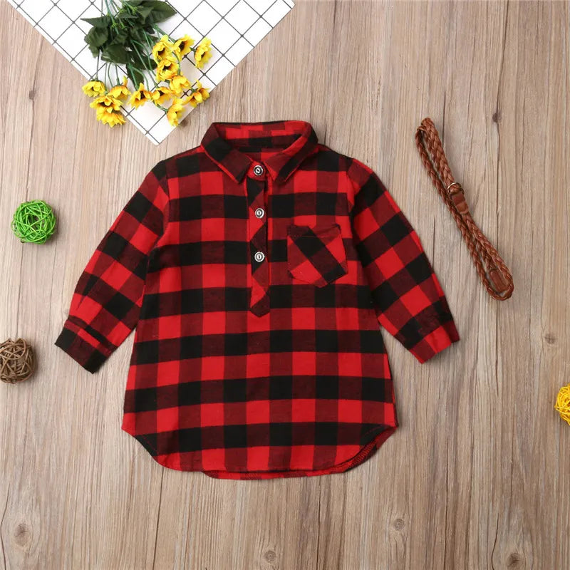 Plaid Christmas T-Shirt Kids Blouse Dress + Twist Belt