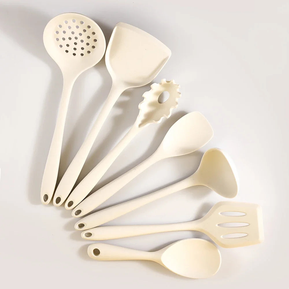 7Pcs Beige White Silicone Kitchenware Cooking Utensils Heat-resistant Spatula Turner Pasta Colander Shovel Kitchen Accessories