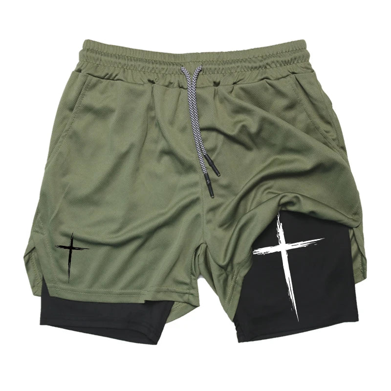 Men's Cross Print 2 in 1 Performance Shorts with Phone Pocket