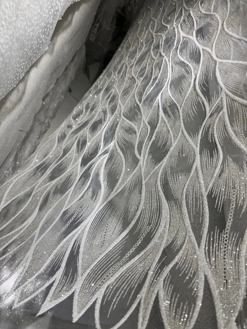 Luxury Glitter Mesh Lace Fabric Silver Sparkly Wave Embroidery Tulle for Gown Evening Dress DIY Sewing Material