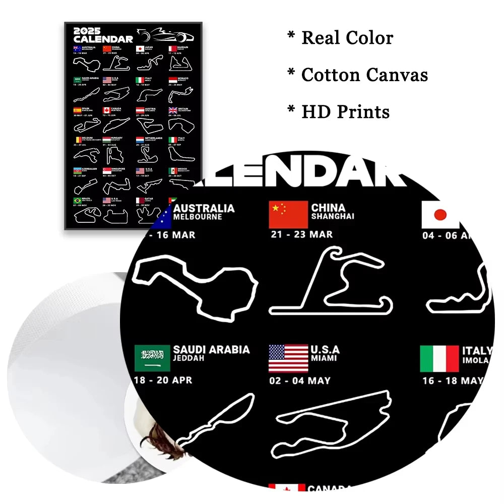 2025 F1 World Racing Track Posters Print Canvas Wall Art Sports Car Grand Prix Schedule Painting for Car Lovers Bedroom Decor