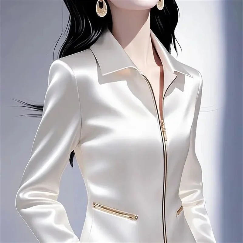 Contrast Satin Women Zipper Top Jacket