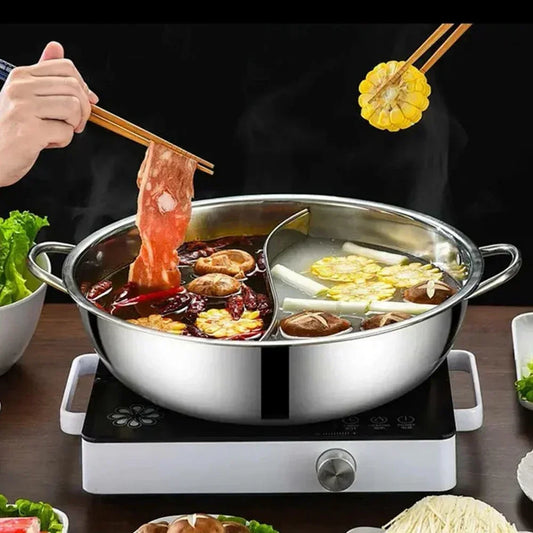 28/30cm Twin Divided Hot Pot Stainless Steel Hotpot Kitchen Cooker Home Cooking Cookware Dish Plate Compatible Cooker Gas Stove