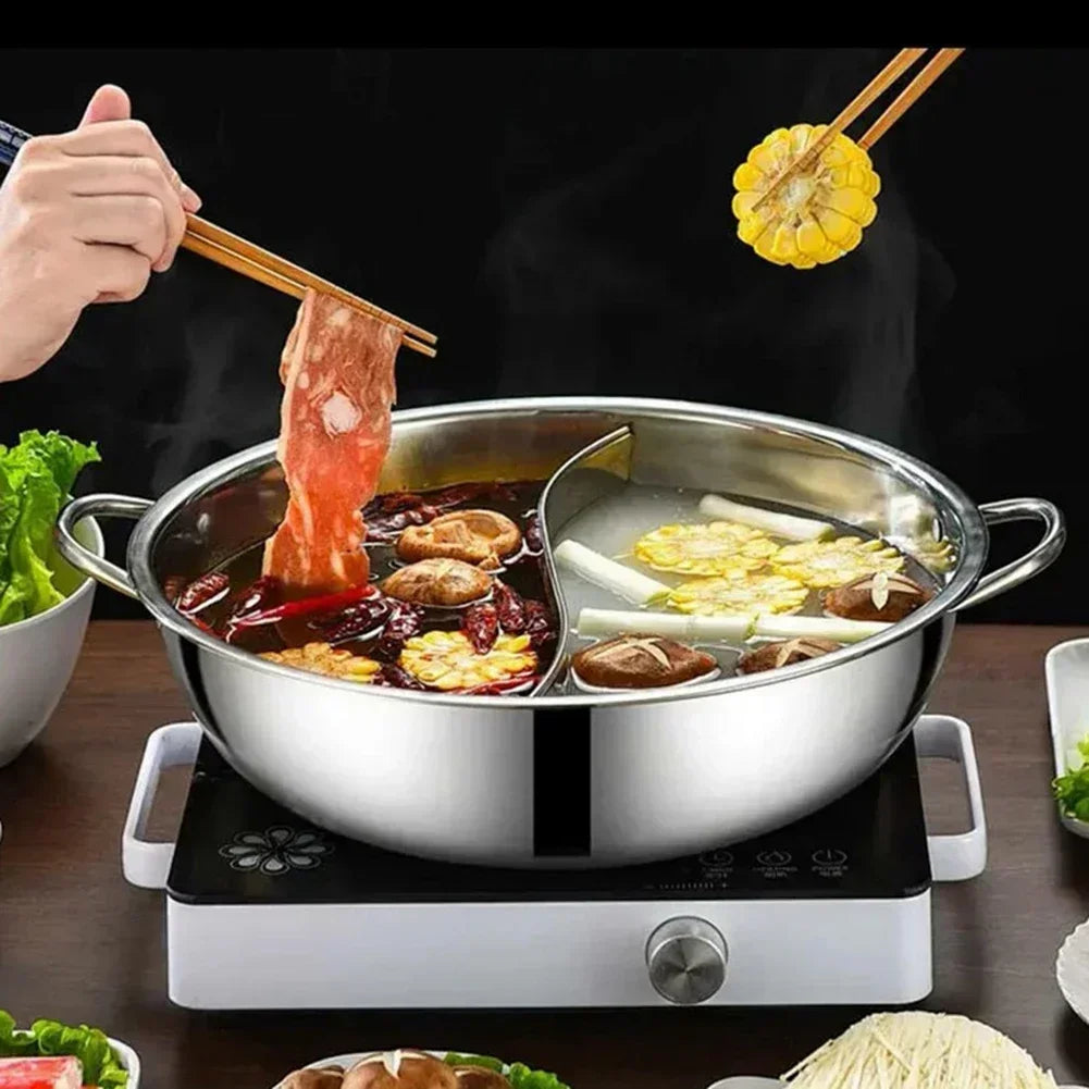 28/30cm Twin Divided Hot Pot Stainless Steel Hotpot Kitchen Cooker Home Cooking Cookware Dish Plate Compatible Cooker Gas Stove
