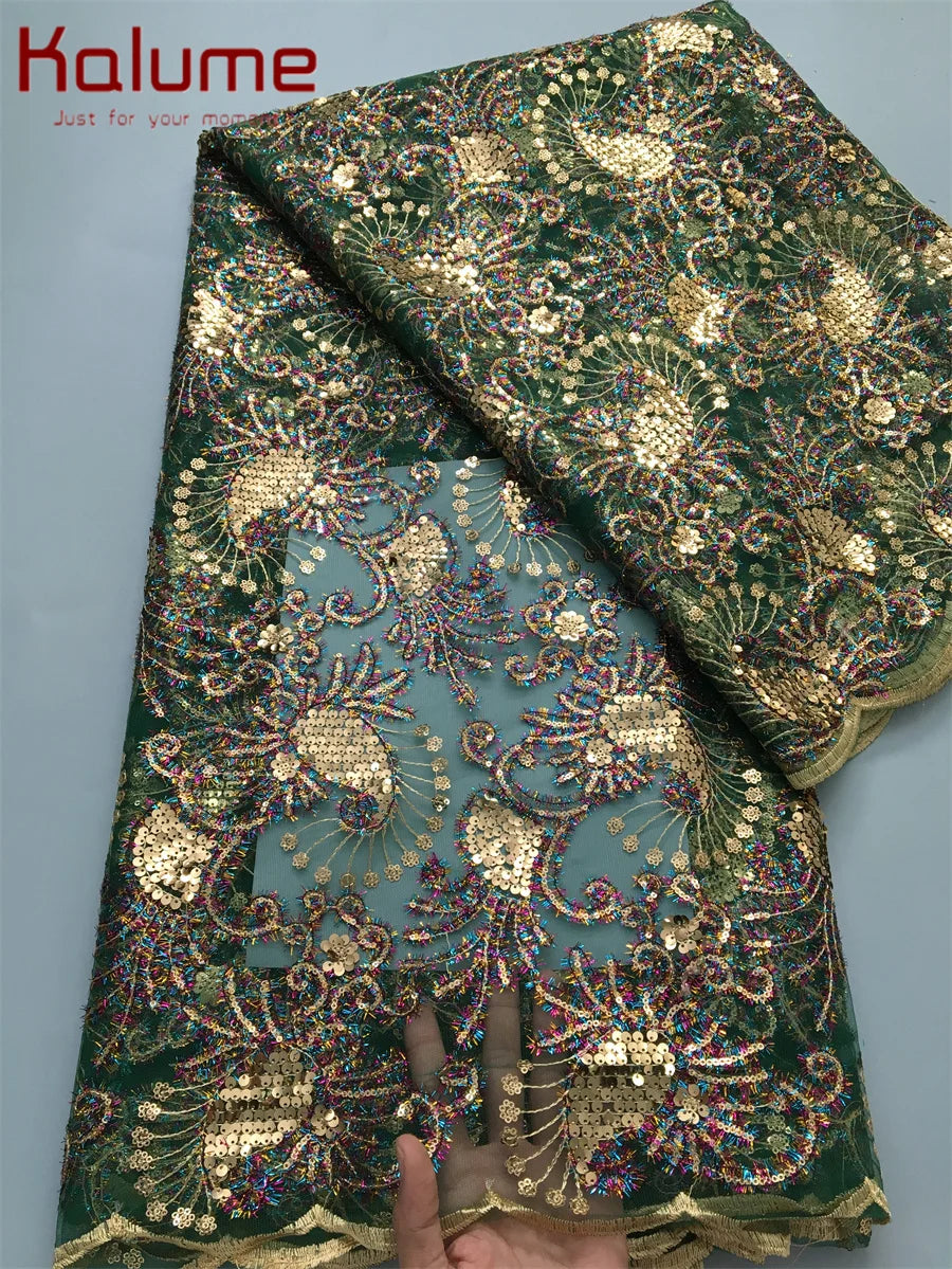 Kalume 2025 African Lace Fabric Sequins Nigerian Mesh Lace Fabric Sequins 5 Yards High Quality For Party Wedding Dress F3811