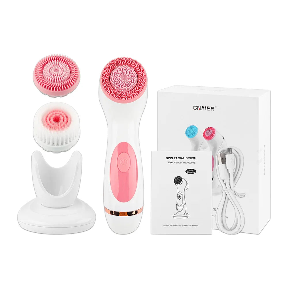 3 in 1 Electric Facial Cleansing Brush Silicone Rotating Face cleanser Brush Deep Cleaning brush Waterproof Facial Massager