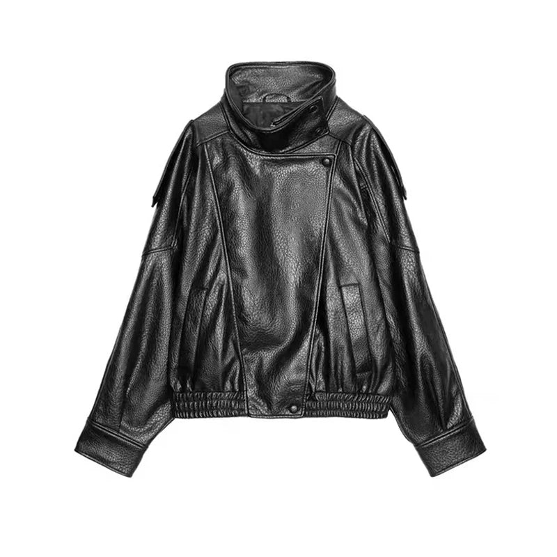 Short Leather Jacket Zipper, Lapel Belt Coat for women