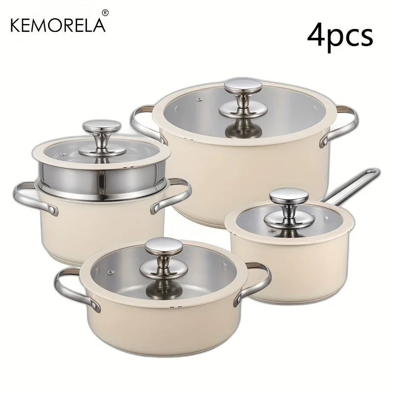 4PCS Stainless Steel Cookware Set with Glass Lid 15.5/17.7/21.5/23.8cm for Dining Room Cooking Soup Hot Pot Gas Stoves