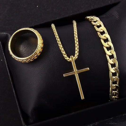 Dark Cross Block Necklace Pendant Bracelet Ring Set